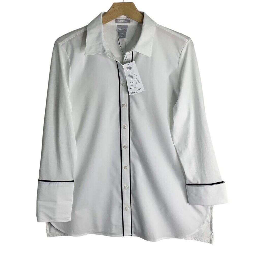 Chicos No Iron Chic Stretch Piping Detail Tunic Shirt Womens Size 8/10P NWT $99
